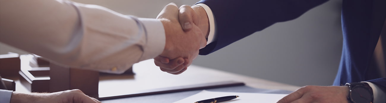 Male lawyer shaking hands with client in office