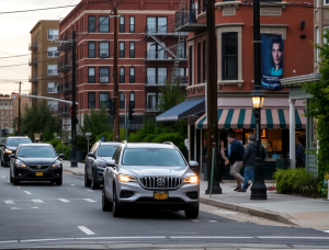 A calm, residential urban street with a relaxed neighborhood vibe