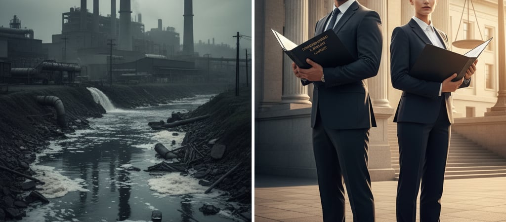 A split-scene image: one side shows polluted water and factories, the other side shows lawyers holding legal documents in front of a courthouse, symbolizing justice