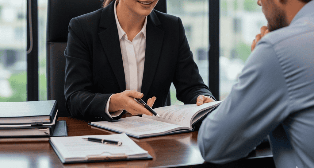 Personal injury lawyer providing consultation in a professional office setting