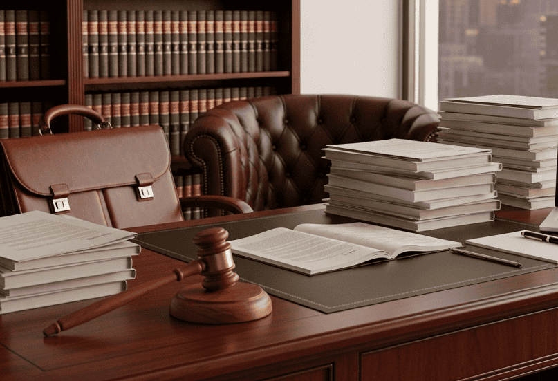 A lawyer's office with a desk covered in legal documents and a gavel, with a cityscape visible through the window.
