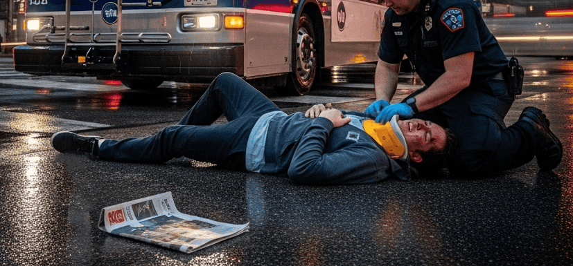A passenger injured and receiving medical care in the foreground, symbolizing the risks of public transit accidents.