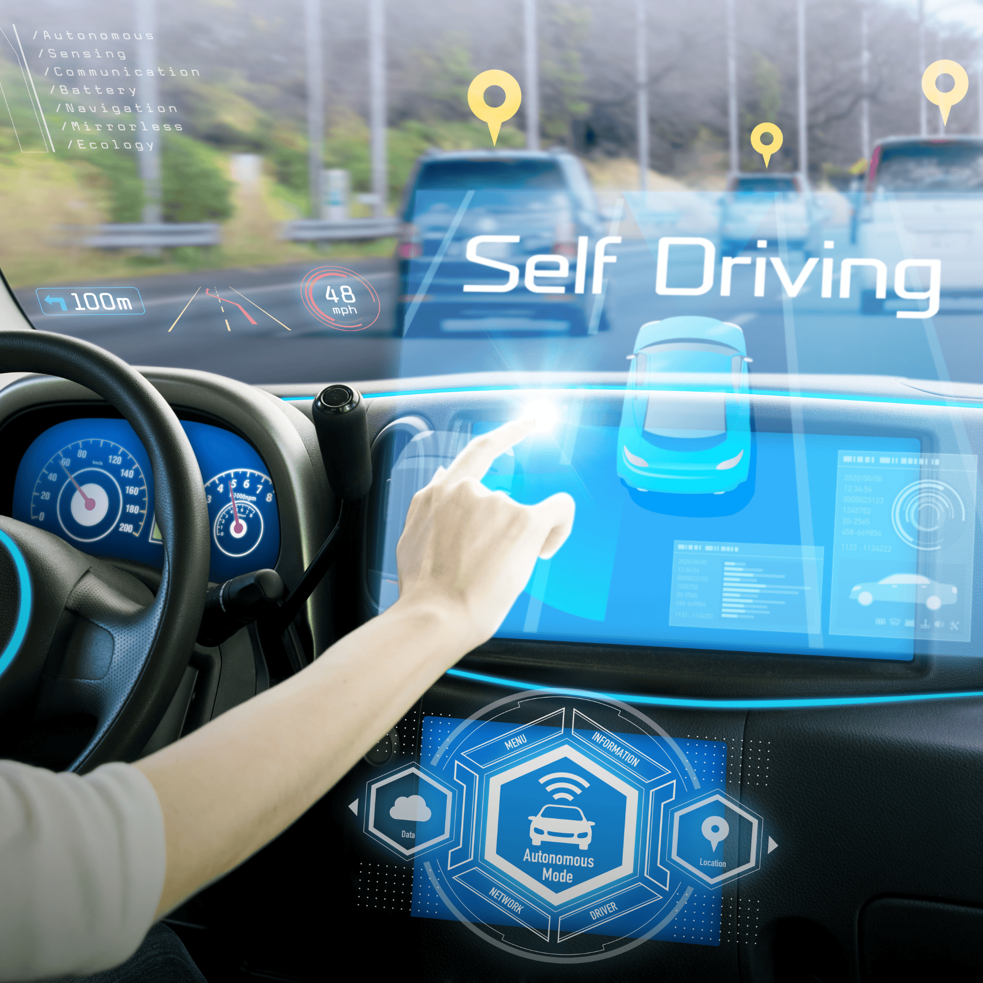 Autonomous vehicle driving with self-driving technology and sensors.