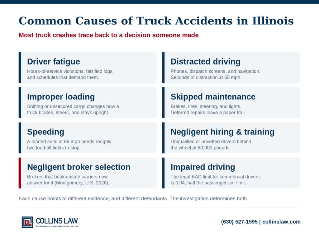 Common causes of truck accidents in Illinois: fatigue, distraction, improper loading, maintenance failures, speeding, negligent hiring, broker selection, and impaired driving