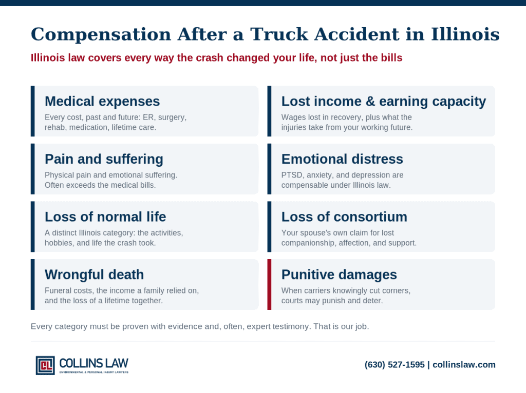 Compensation a truck accident lawyer can recover in Illinois: medical expenses, lost income, pain and suffering, loss of normal life, wrongful death, and punitive damages